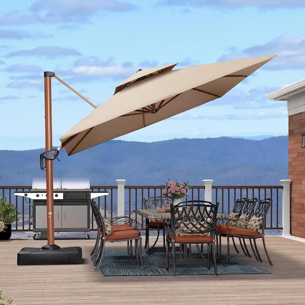 PURPLE LEAF 10 ft. x 13 ft. Sunbrella All-aluminum 360° Rotation Wood Pattern Cantilever Outdoor Patio Umbrella in Beige