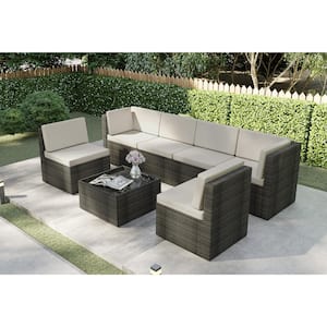 7-Piece Rattan 6-Person Wicker Outdoor Sectional Seating Group with White Cushions and Glass Table, Patio Furniture Sets