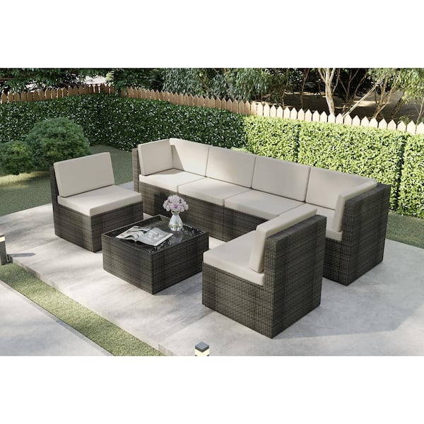 Uixe 7-Piece Rattan 6-Person Wicker Outdoor Sectional Seating Group with White Cushions and Glass Table, Patio Furniture Sets