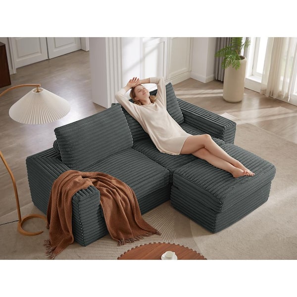 Noble House Oryndra 91.7 in. Modern Upholstered Corduroy L-Shaped Sectional Sofa in Dark Grey with Movable Ottoman