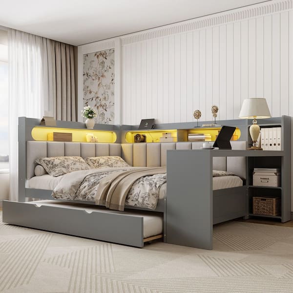 Gray Full Daybed with Storage Shelves, Trundle, Charging Station, LED Light, Desk and Upholstered Headboard and Backrest