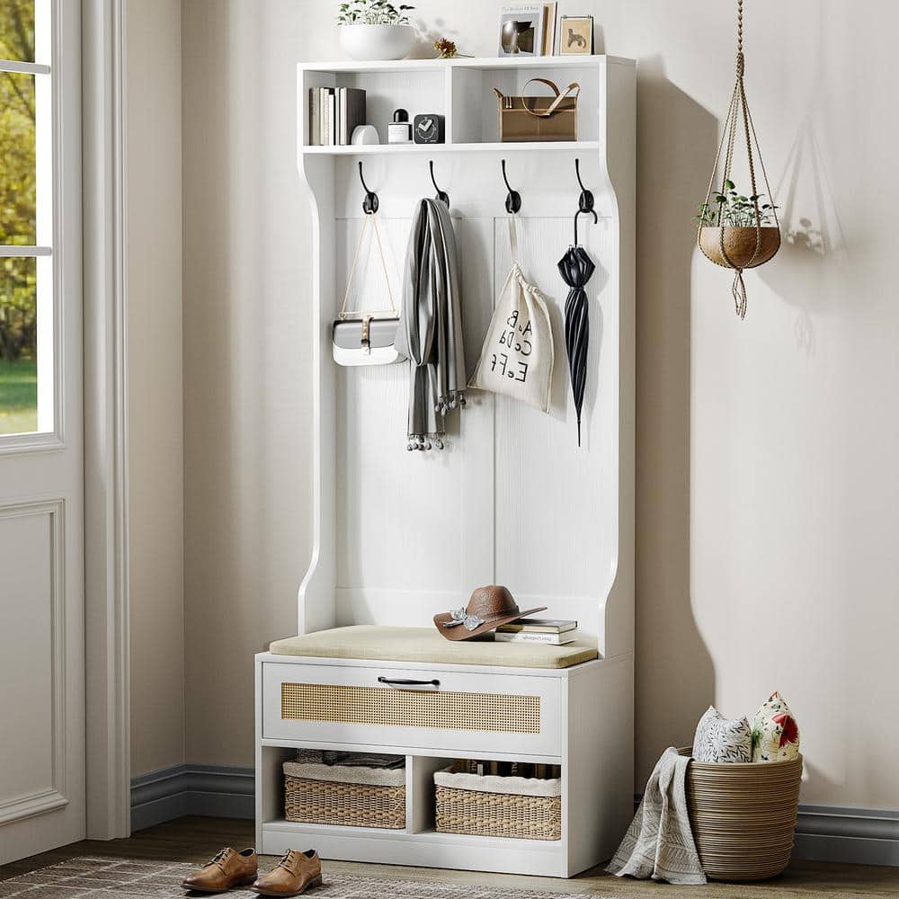 White Hall Tree with Bench, Rattan Storage and Cushion