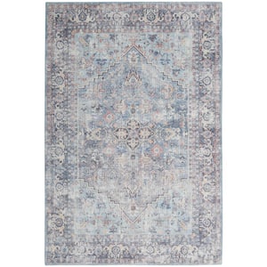 57 Grand Machine Washable Light Grey/Blue 4 ft. x 6 ft. Bordered Traditional Area Rug
