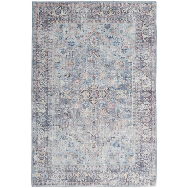57 Grand Machine Washable Light Grey/Blue 8 ft. x 10 ft. Bordered Traditional Area Rug