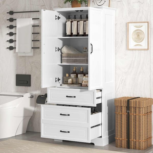 White 68.9 in. H Accent Cabinet, Bathroom Storage Cabinet with 2 Doors and Drawers, Adjustable Shelf