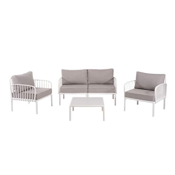 White 5-Piece Plastic Modern Patio Outdoor Sectional Set with Square Coffee Table and Dark Gray Washable Thick Cushions