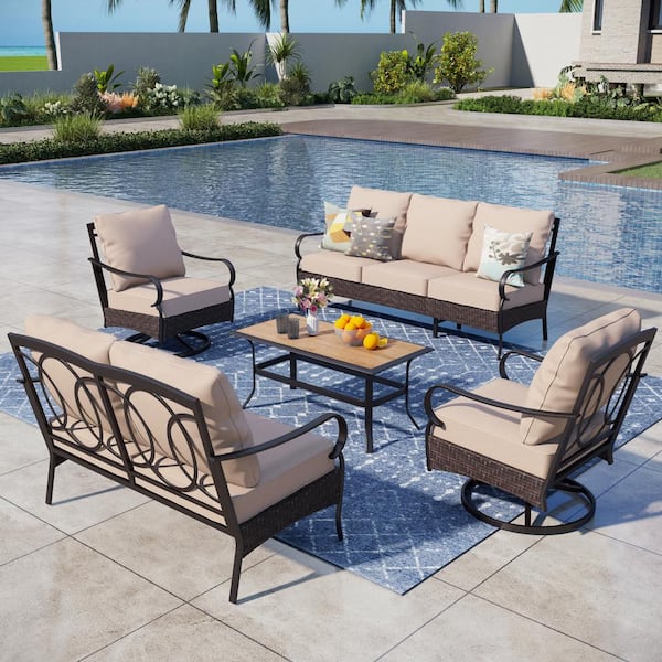 PHI VILLA Black Rattan 7 Seat 5-Piece Steel Outdoor Patio Conversation Set with Beige Cushions, Swivel Sofas & Wood-Grain Table