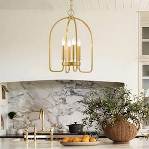 Kudzai 4-Light Aged Brass Modern Industrial Pendant Curved Cage Geometric Candlestick Chandelier for Kitchen Island
