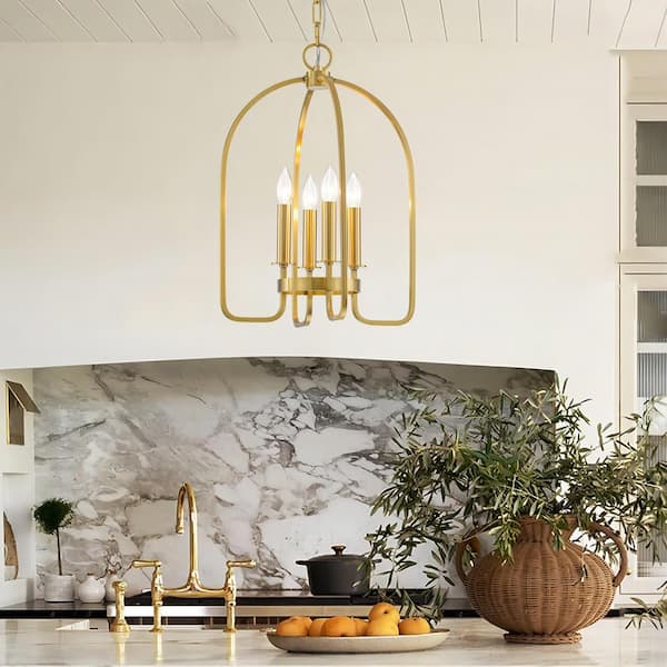 RRTYO Kudzai 4-Light Aged Brass Modern Industrial Pendant Curved Cage Geometric Candlestick Chandelier for Kitchen Island