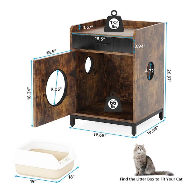 BYBLIGHT Kellum Rustic Brown Litter Box Enclosure, Industrial Cat Cabinet with Shelves and Doors, Wood Pet Crate Hidden Washroom