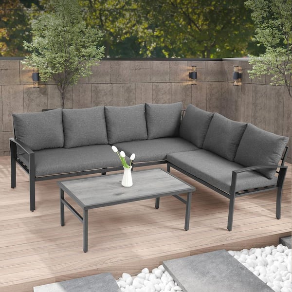 Unbranded 4-Piece Wicker Outdoor Patio Sectional Set All Weather Conversation Furniture with Coffee Table Dark Gray Thick Cushions