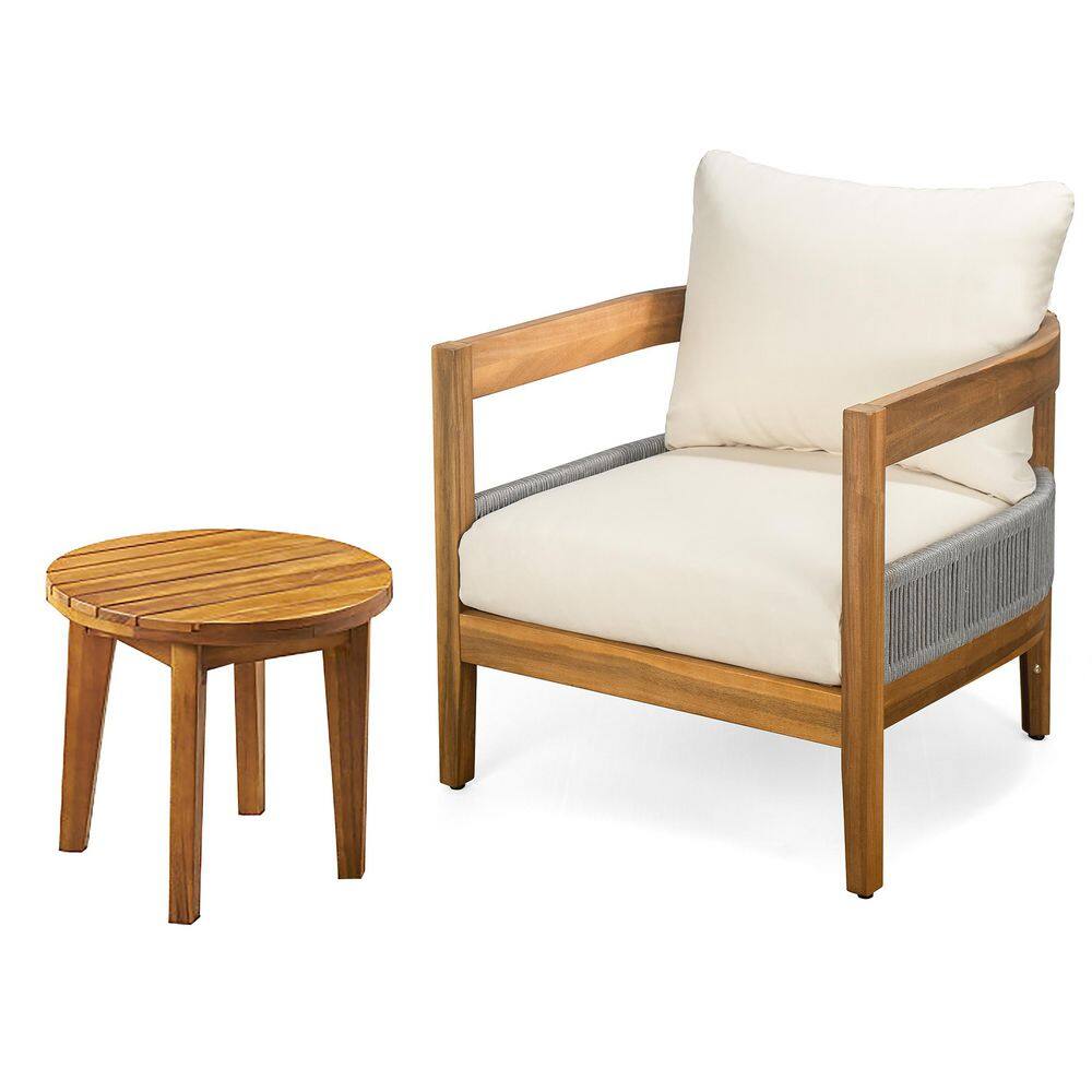 Thorneas 2-Piece Rope Weave and Solid Wood Outdoor Chat Set Patio Lounge Chair with Beige Cushions, Side Table, Teak price history on PriceWatchPro