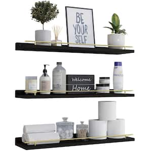 23.6 in. W x 6 in. D Black Shelves with Gold Metal Guardrail Decorative Wall Shelf, (Set of 3)