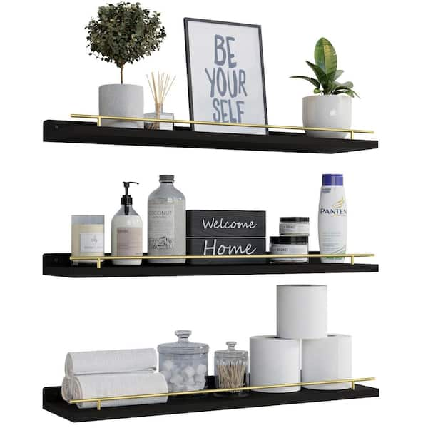 23.6 in. W x 6 in. D Black Shelves with Gold Metal Guardrail Decorative ...