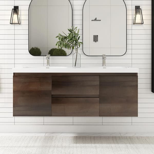 JimsMaison 60 in. W x 20 in. D x 23 in. H Double Sinks Wall Mounted Bath Vanity in Grey Oak with White Resin Top