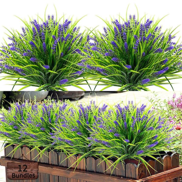 Unbranded 12 Bundles Artificial Plants UV Resistant Faux Plastic Plant Decor, 18 in. Purple Outdoor Artificial Lavender Flower