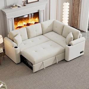 87.4 in. Beige Boucle Fabric Twin Size Sofa Bed with 2-Pillows, Cup Holder, USB Ports and Sockets