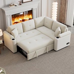 83 in. Beige Boucle Fabric Twin Size Sofa Bed with 2-Pillows, Cup Holder, USB Ports and Sockets