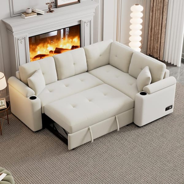 Harper & Bright Designs 83 in. Beige Boucle Fabric Twin Size Sofa Bed with 2-Pillows, Cup Holder, USB Ports and Sockets