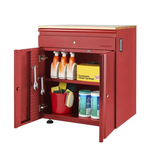 Husky - Heavy Duty Welded 20-Gauge Steel 1-Drawer 2-Door Garage Base Storage Cabinet in Red (28 in. W x 32 in. H x 21.5 in. D)
