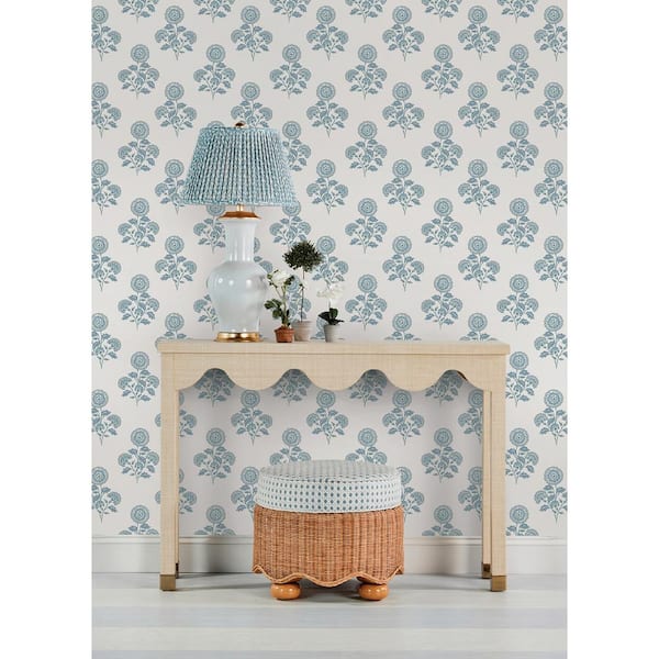 Blue on Blue Flourish Block Print Peel and Stick Wallpaper