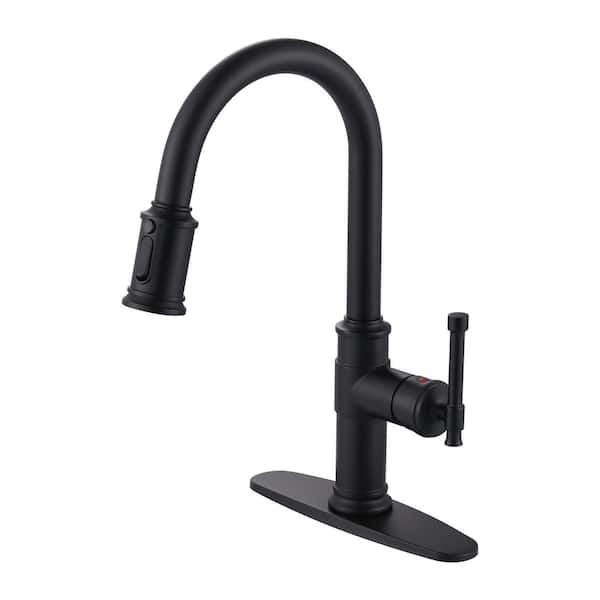 VEVETTA 16 in. High-Arc 3-Mode Single Handle 360° Swivel Pull-Down Sprayer Kitchen Faucet with Deckplate in Matte Black