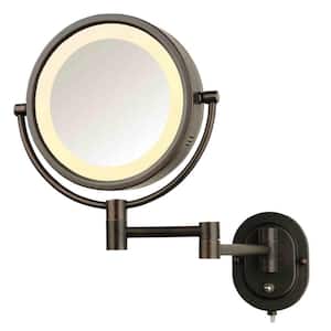 8 in. x 8 in. Round Lighted Wall Mounted Direct Wired 5X Magnification Makeup Mirror in Bronze