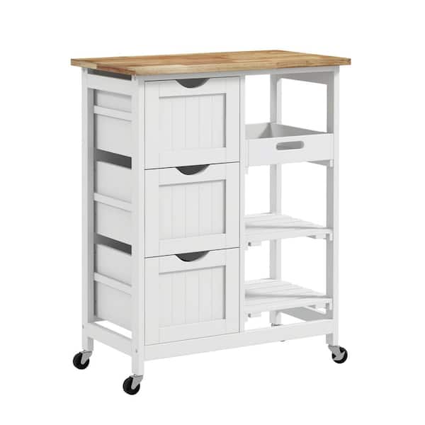 Tileon White Wood 26.5 in. Kitchen Island Cart Rolling Serving Cart with 3-Drawers, Removeable Tray and Stoarge Shelves