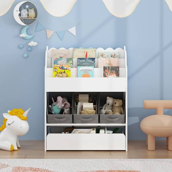 Pira 31.49 in. Tall White MDF Wood Multi-Functional Kids Bookcase with Storage Bins and Drawer