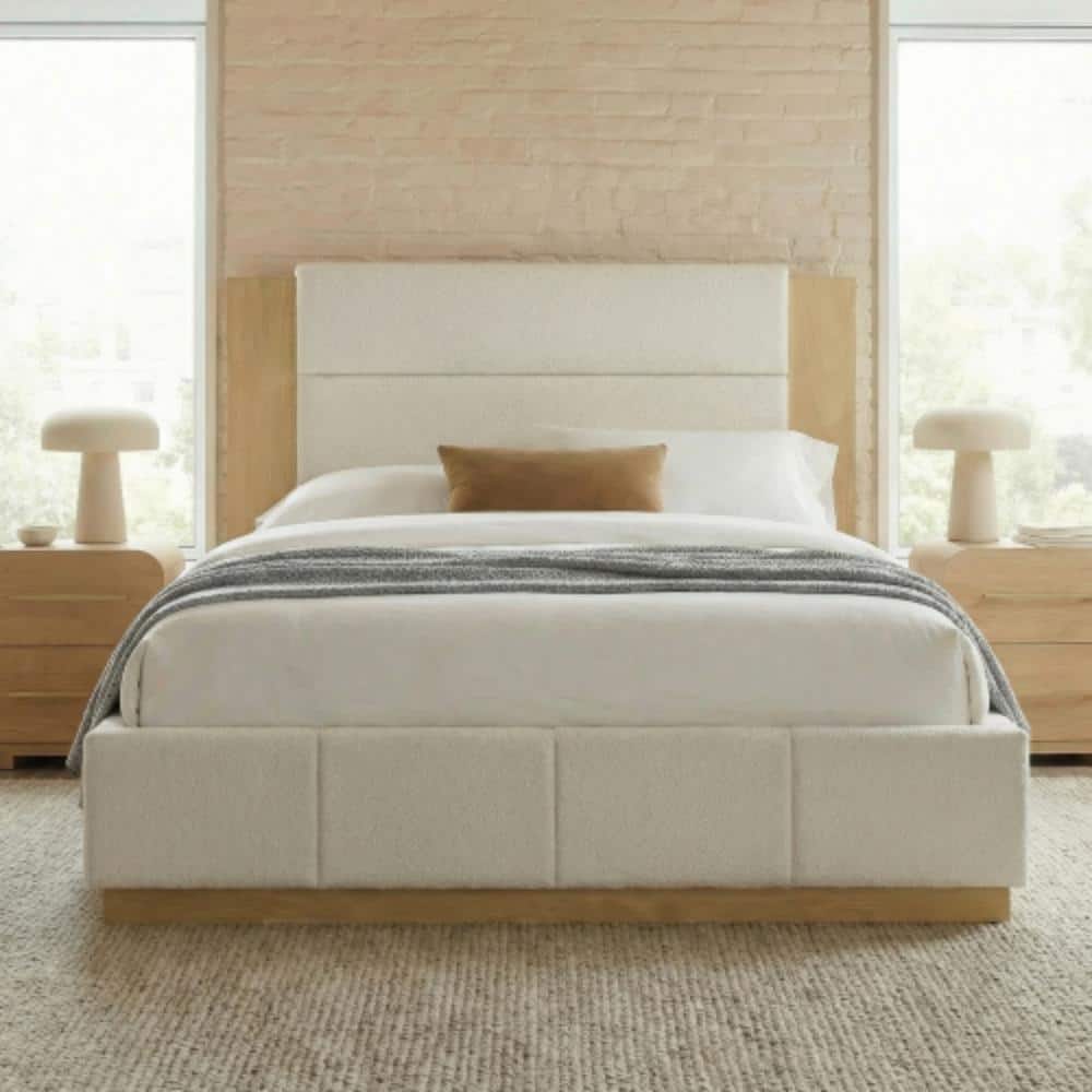 White Queen Upholstered Platform Bed with Extended Wood Headboard & Base