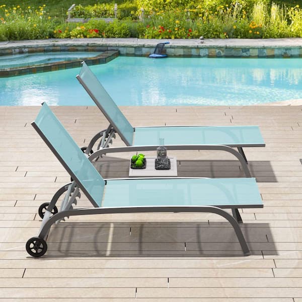 Metal Aluminum Chaise Lounge Outdoor Set of 3 with Wheels 5 Position Adjustable Lake Blue 2 Lounge Chairs and 1 Table