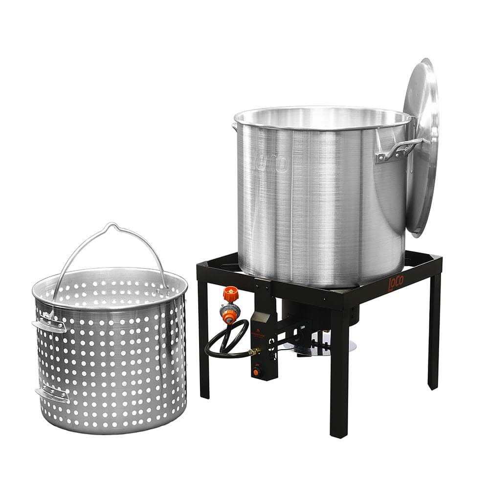 High Performance Cookers 18 qt. Fish Fryer and Brazier Powered Pot with Basket, Lid, 6 in. Banjo Burner, Built-in Stand and 10 PSI Regulator