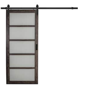 36 in. x 84 in. Iron Age Gray MDF Frosted Glass 5 Lite Design Sliding Barn Door with Rustic Hardware Kit