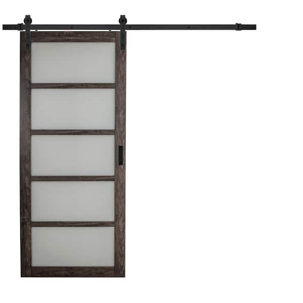 TRUporte 36 in. x 84 in. Iron Age Gray MDF Frosted Glass 5 Lite Design Sliding Barn Door with Rustic Hardware Kit