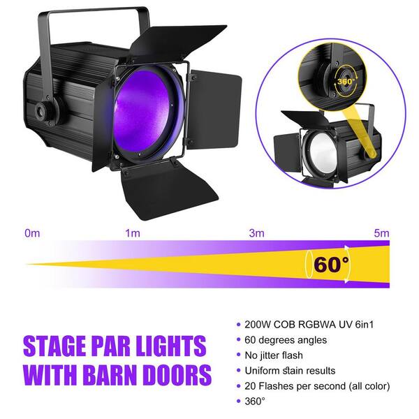 Lukyamzn 6 in 1 RGBWA LED COB Stage Lights with Barn Doors, Par Lights, DMX/Master-Slave DJ Lights Spotlight Warm & Cold White
