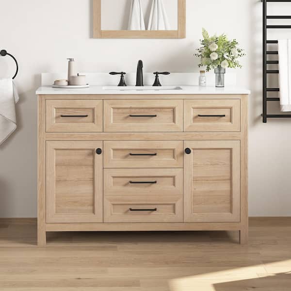 Home Decorators Collection Hanna 48 in. W x 19 in. D x 34 in. H Single Sink Bath Vanity in Weathered Tan with White Engineered Stone Top