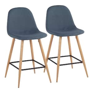 Pebble 34.75 in. Blue Fabric and Natural Metal High Back Counter Height Bar Stool (Set of 2)