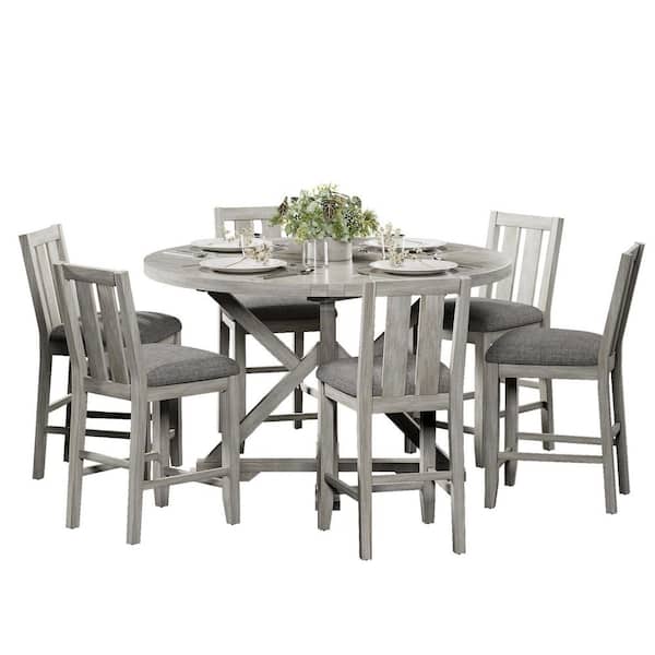 7-Piece Rustic Gray Counter Height Dining Table Set with Foldable Round-to-Square MDF Top Table, Kithcen Table Set for 6