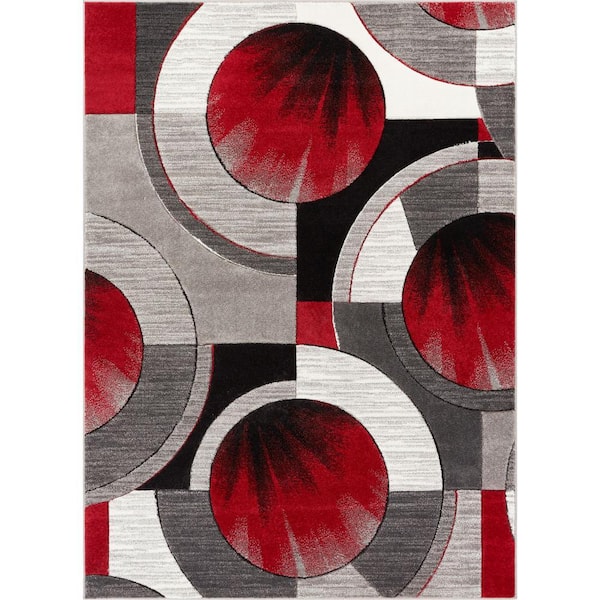 Ruby Yolo 4 ft. x 5 ft. Modern Abstract Geometric Red Grey Area Rug