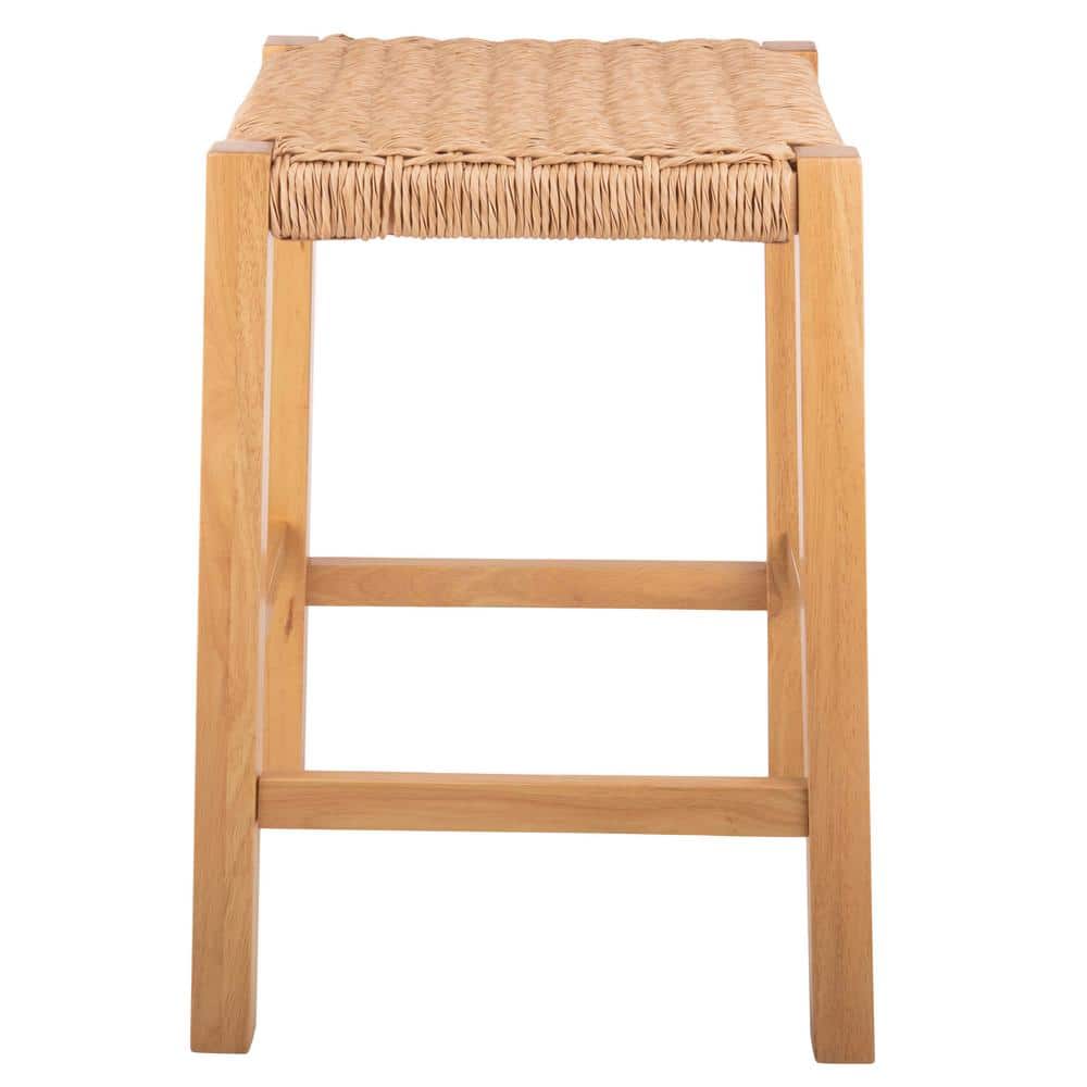 Natural Wood Backless Counter Stool with Woven Seagrass Seat
