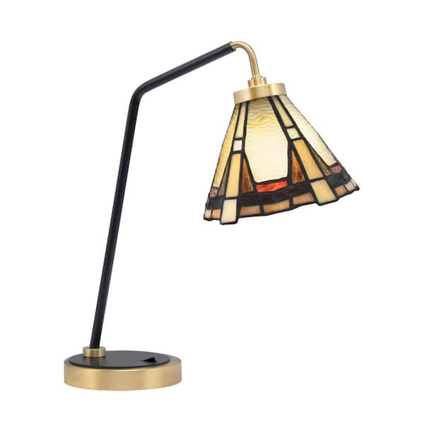 Unbranded Delgado 16.5 in. Matte Black & New Age Brass Desk Lamp with Zion Art Glass