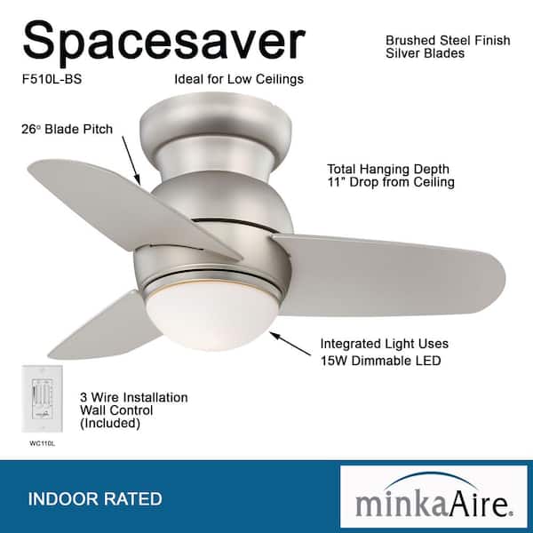 Spacesaver 26 in. Integrated LED Indoor Brushed Steel Ceiling Fan with Light with Wall Control