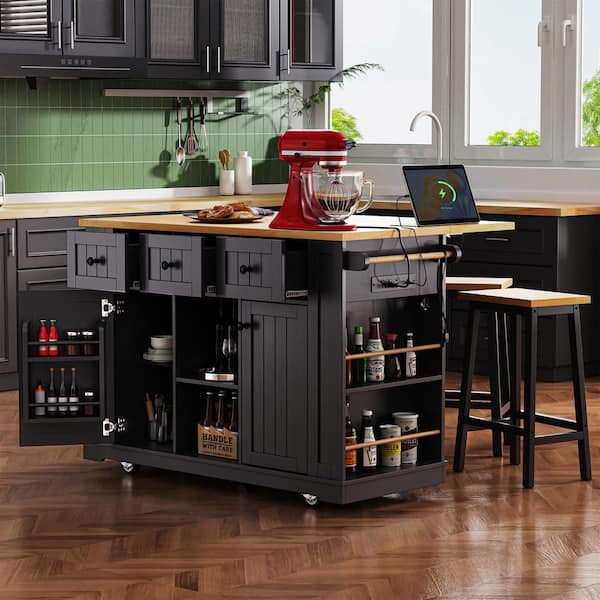 Black MDF Wood 53.14 in. Drop Leaf Kitchen Island Cart with 5 Open Side and Door Internal Storage Racks
