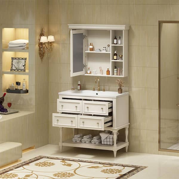 36 in. Freestanding Bath Vanity Cabinet Set in Beige with White Resin Sink Top, 4-Drawers, Medicine Cabinet with Mirror