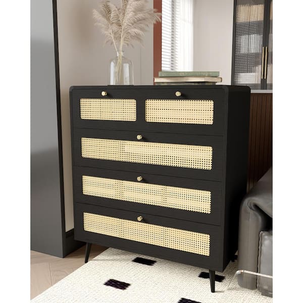 Noble House Connor Black 4 Drawer 31.5 in. Wide Rattan Chest of Drawers
