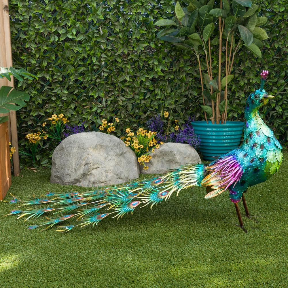 Jumbo Size Blue and Green Iron Peacock Garden Statue
