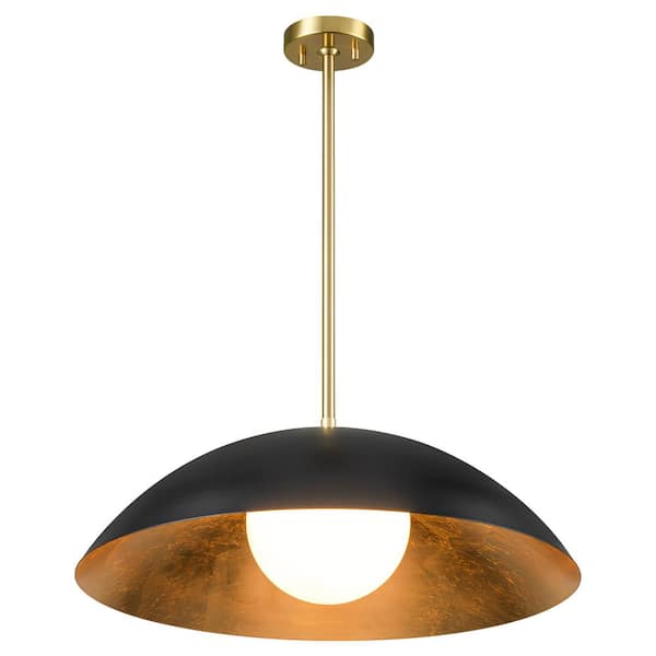 Jin 1-Light 23.62 in. Black Mid-Century Modern Pendant Light with Opal Glass Shade