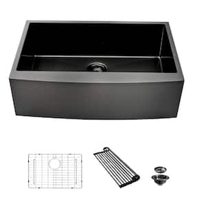 33 in. Farmhouse Single Bowls Stainless Steel Kitchen Sink in Black with Accessories