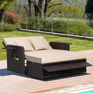 1-Piece Wicker Outdoor Sectional Daybed with 4-Level Adjustable Backrest and Retractable Side Tray Beige Cushion