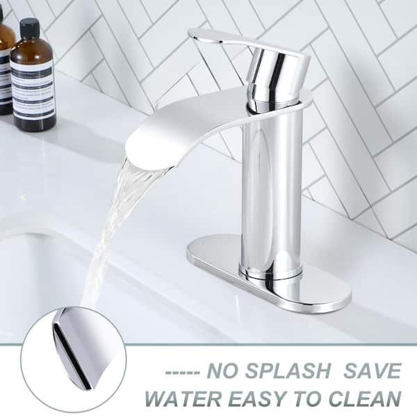 Single Handle Deck Mounted Waterfall Bathroom Faucet with Deck Plate and Pop-Up Drain Included in Polished Chrome